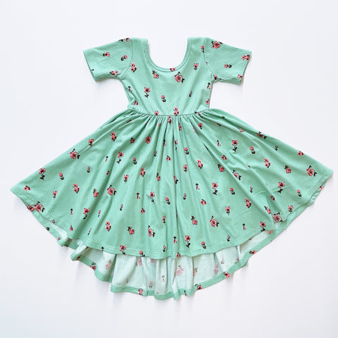 Classic High-Low Twirl Dress: Mint Floral (Ribbed Knit)