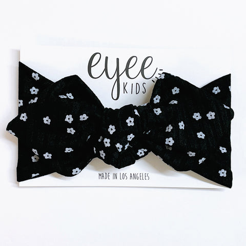 Top Knot Headband- Black/White Floral (Ribbed Knit)
