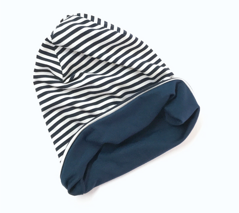 Reversible Slouchy Beanie- Navy Blue/White Stripes & Solid Navy Blue