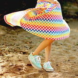 Classic Flutter Sleeve Twirl Dress: Rainbow Squares