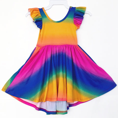 Classic Flutter Sleeve Twirl Dress: Over the Rainbow