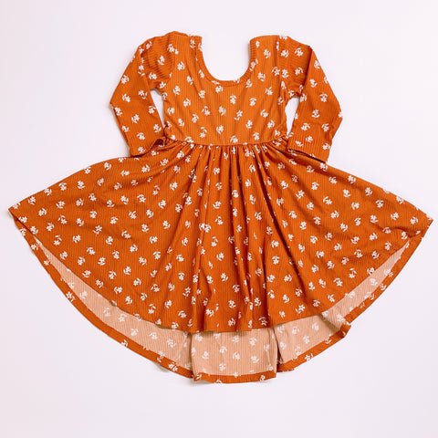 Classic High-Low Twirl Dress: Terracotta Floral (Ribbed Knit)
