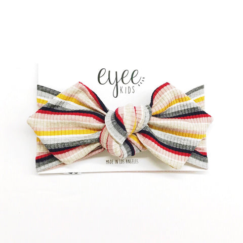 Top Knot Headband- Pink/Mustard/Red Stripe (Ribbed Knit)