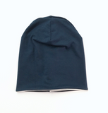 Reversible Slouchy Beanie- Navy Blue/White Stripes & Solid Navy Blue