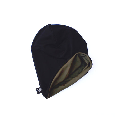 Reversible Slouchy Beanie- Solid Olive Green & Solid Black