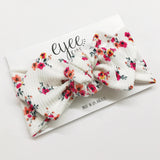 Top Knot Headband- White Floral (Ribbed Knit)