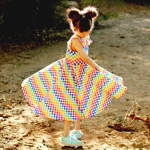 Classic Flutter Sleeve Twirl Dress: Rainbow Squares